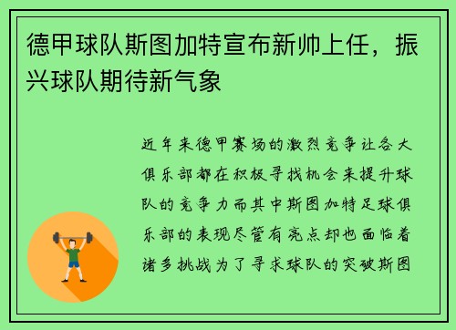 德甲球队斯图加特宣布新帅上任，振兴球队期待新气象