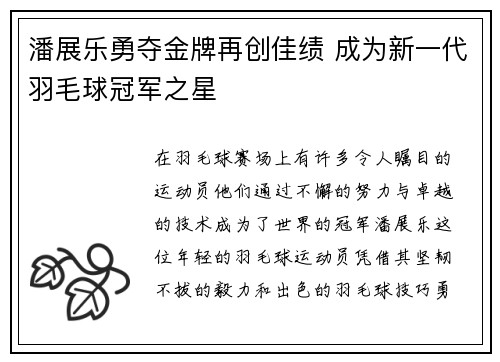 潘展乐勇夺金牌再创佳绩 成为新一代羽毛球冠军之星