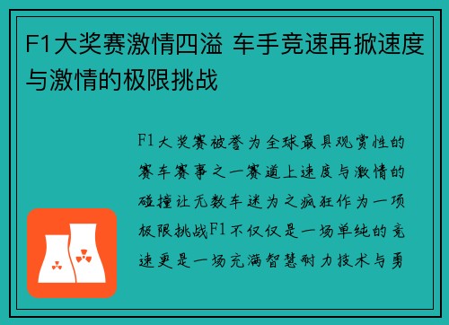 F1大奖赛激情四溢 车手竞速再掀速度与激情的极限挑战